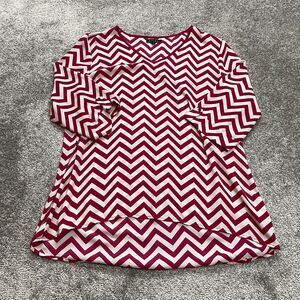 Kiara Blouse Top Womens XL Pink Red White Zig Zag Striped Roll Tab Long Sleeve